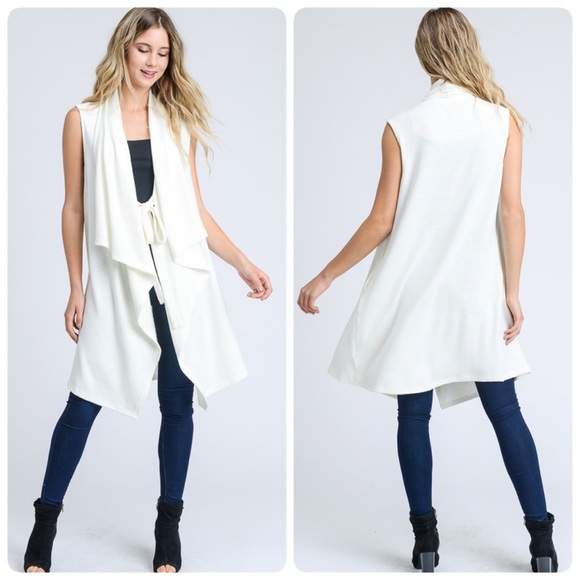 Long Draped Ivory Vest with Pockets and Front Tie - Picture 2 of 3
